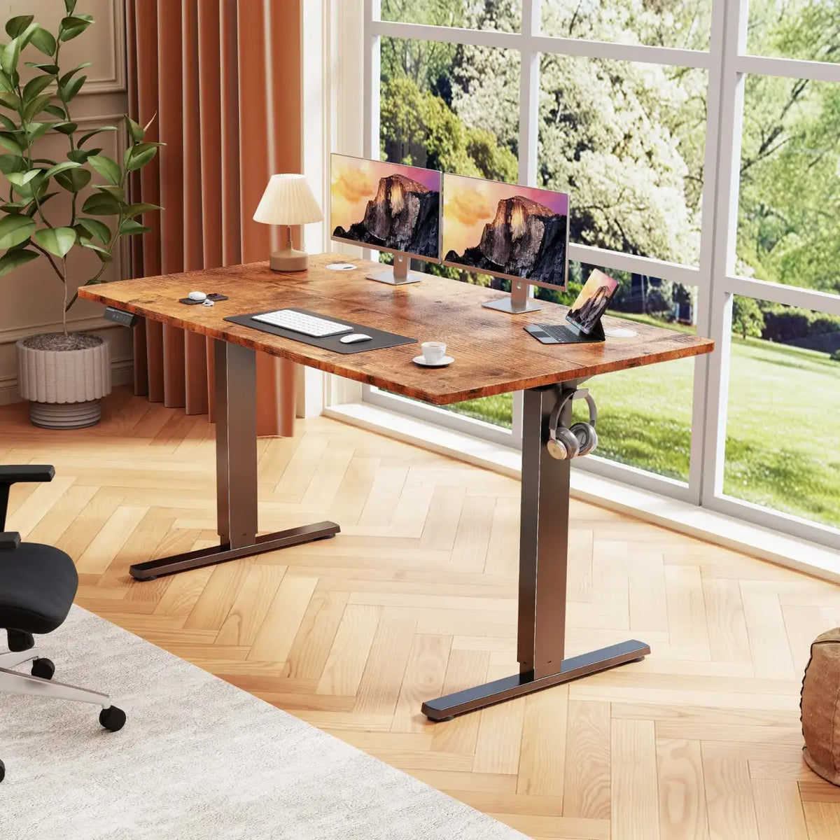 Electric Standing Desk with Three Memory Presets and Cable Management for a More Organized Home Office — Brown / 48'' x 24"