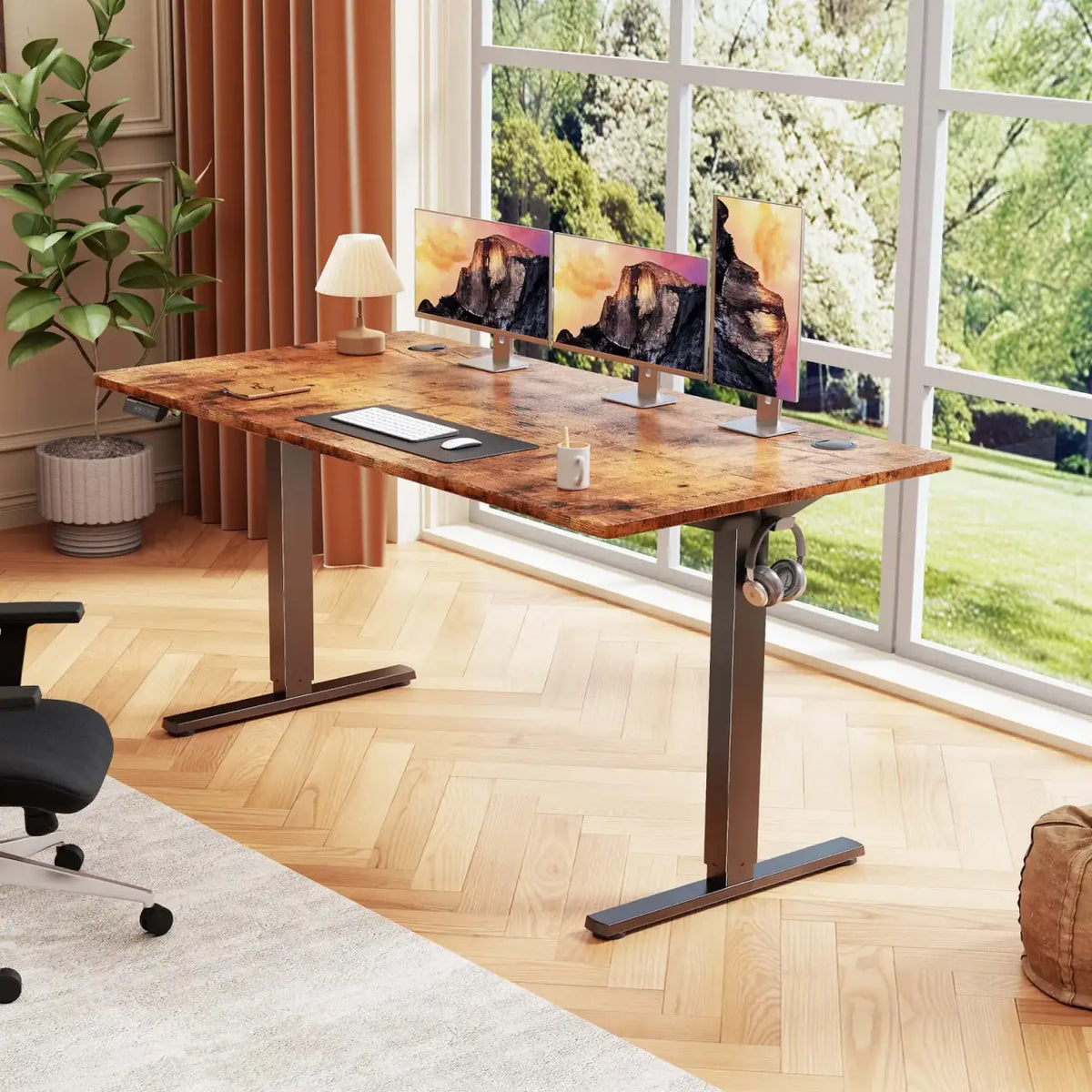 Electric Standing Desk with Three Memory Presets and Cable Management for a More Organized Home Office — Brown / 55'' x 24"
