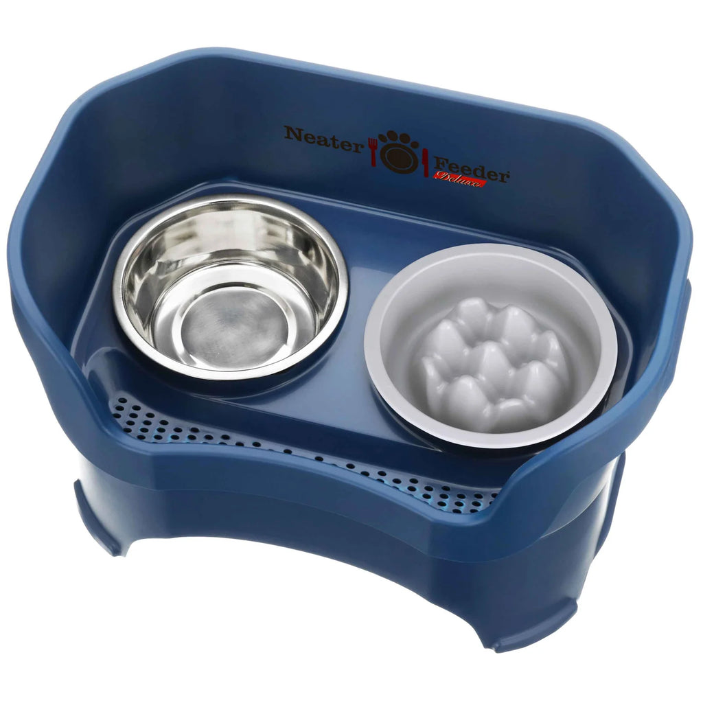 Elevated Slow Feeder Dog Bowl Set with Nine-Peak Insert, Splash Guards and Optional Leg Extensions
