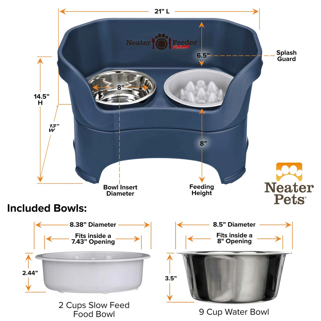 Elevated Slow Feeder Dog Bowl Set with Nine-Peak Insert, Splash Guards and Optional Leg Extensions