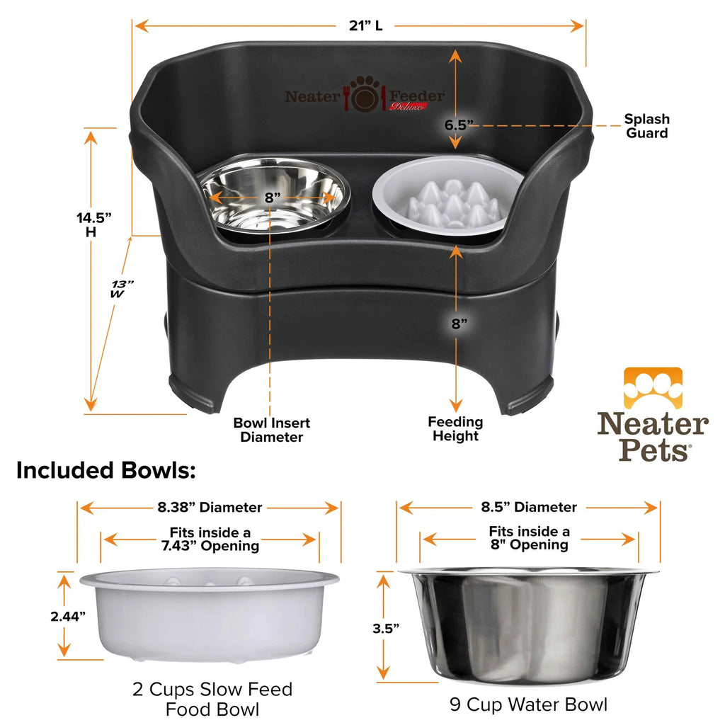 Elevated Slow Feeder Dog Bowl Set with Nine-Peak Insert, Splash Guards and Optional Leg Extensions