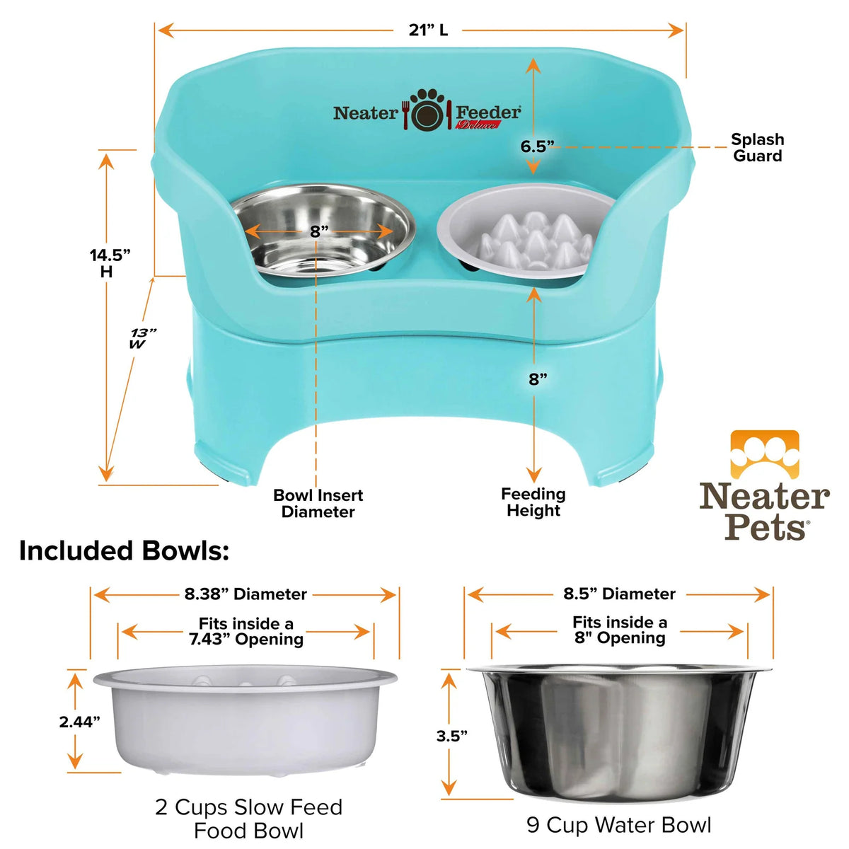 Elevated Slow Feeder Dog Bowl Set with Nine-Peak Insert, Splash Guards and Optional Leg Extensions