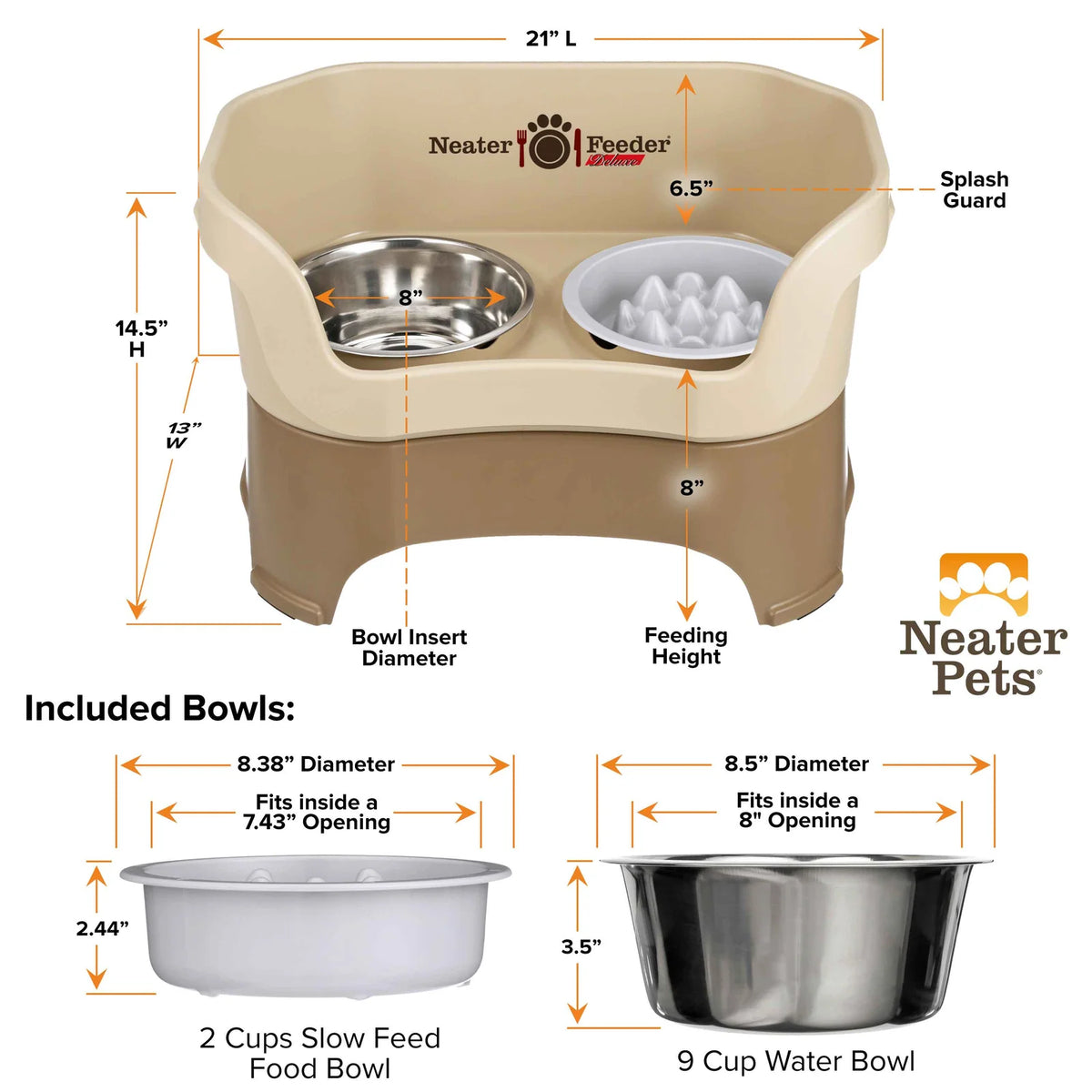 Elevated Slow Feeder Dog Bowl Set with Nine-Peak Insert, Splash Guards and Optional Leg Extensions