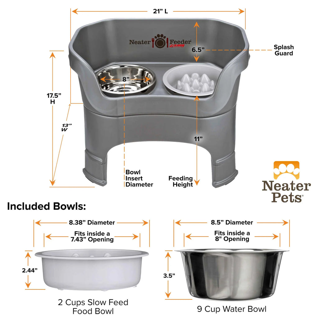 Elevated Slow Feeder Dog Bowl Set with Nine-Peak Insert, Splash Guards and Optional Leg Extensions
