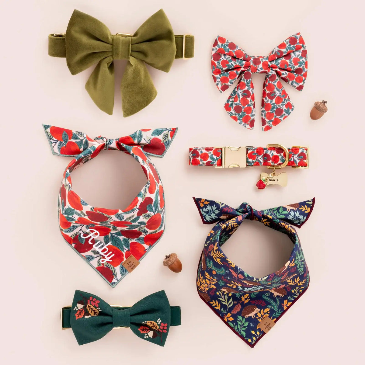 Embroidered Dog Bow Tie for Standard-Width Collars, Two Secure Elastic Loops, Small or Large Fall Foliage Style