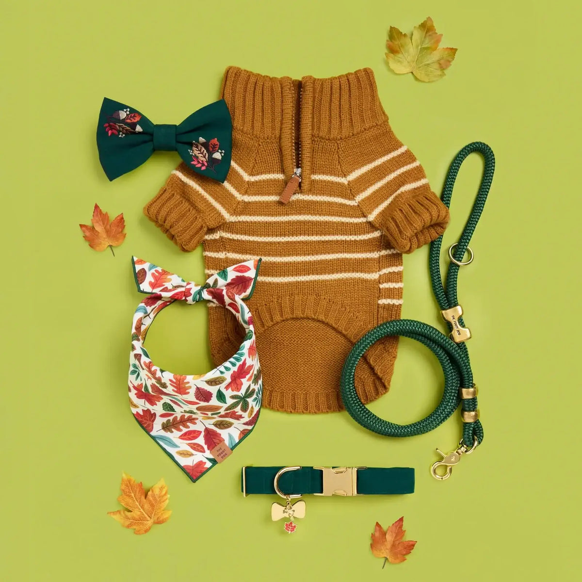 Embroidered Dog Bow Tie for Standard-Width Collars, Two Secure Elastic Loops, Small or Large Fall Foliage Style