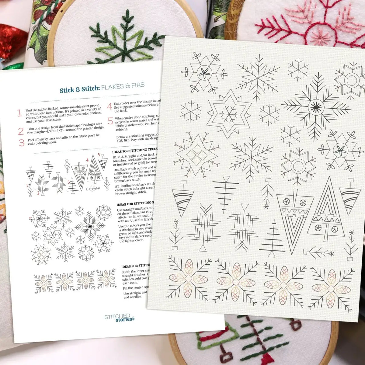 Embroidery Patterns on Sticky-Backed Washaway Fabric Featuring 29 Winter and Christmas Motifs