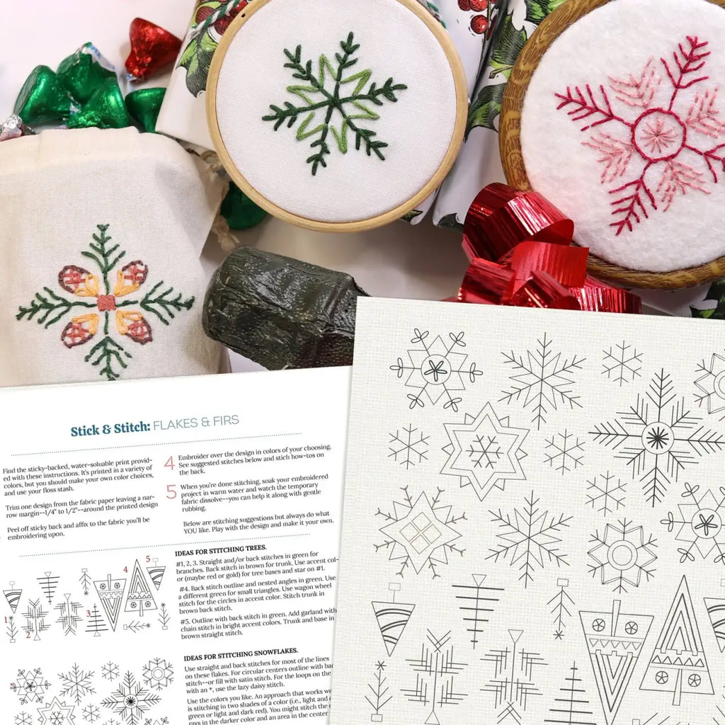 Embroidery Patterns on Sticky-Backed Washaway Fabric Featuring 29 Winter and Christmas Motifs