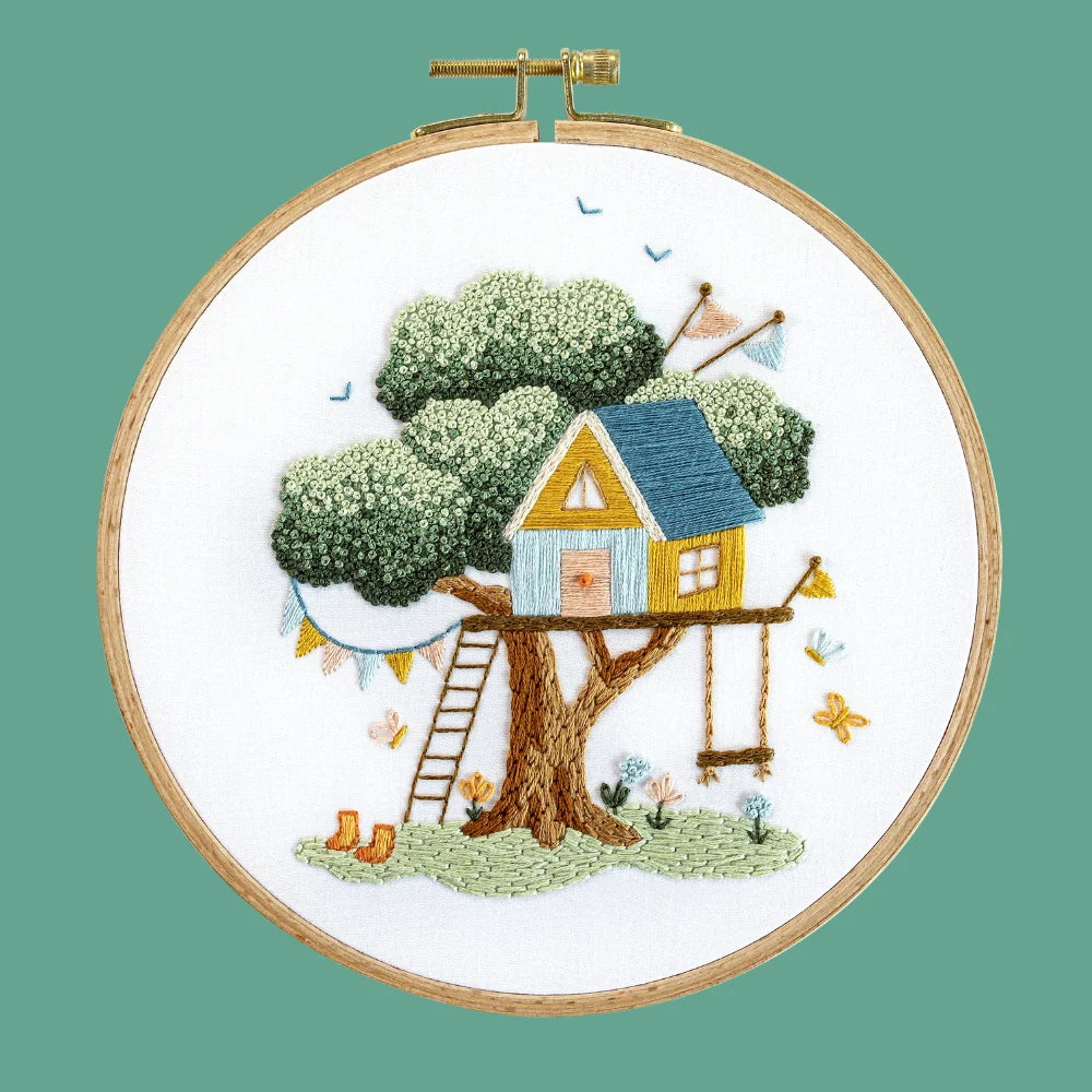 Embroidery Project Kit with Treehouse Scene, Step-by-Step Digital Guide and Complete Stitching Supplies
