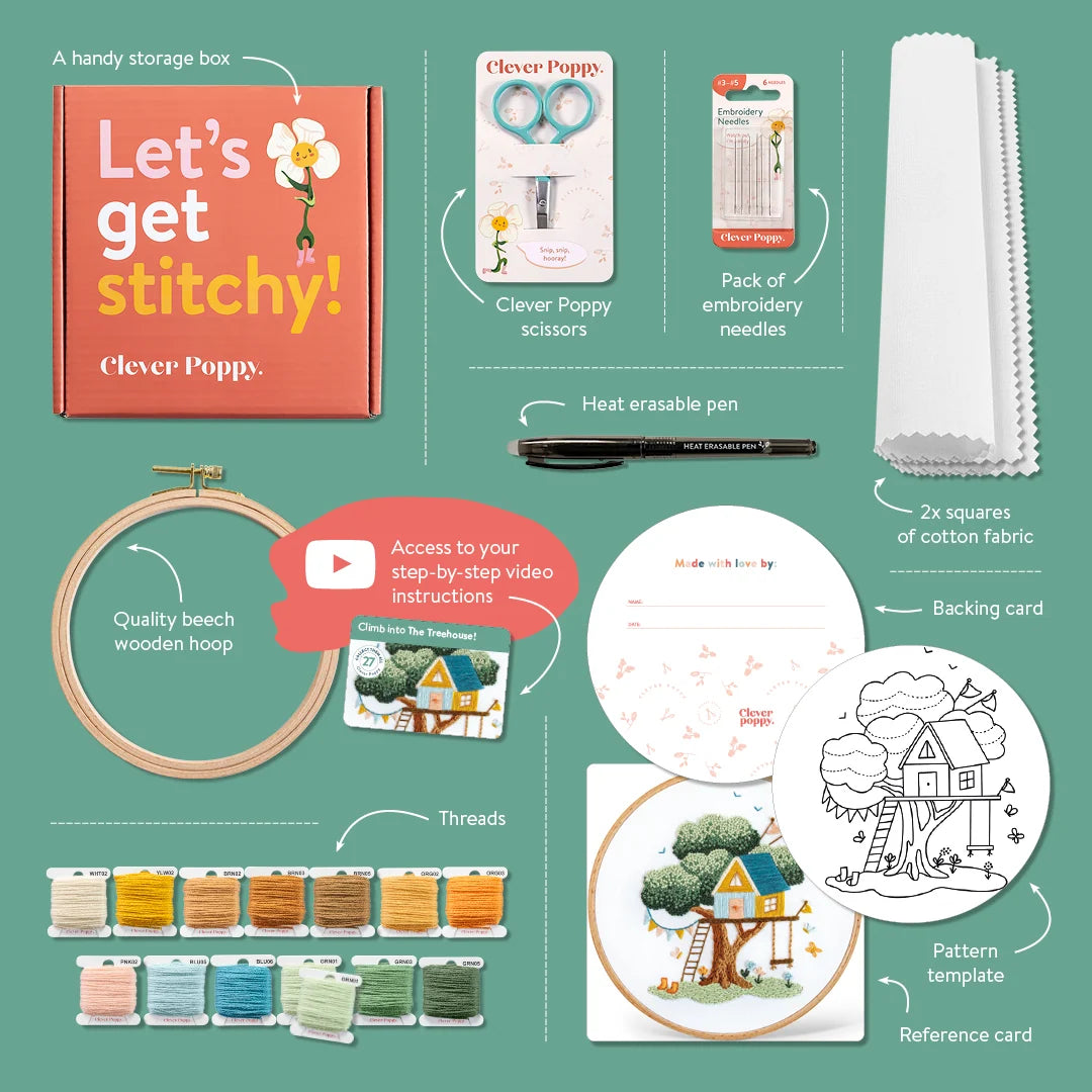 Embroidery Project Kit with Treehouse Scene, Step-by-Step Digital Guide and Complete Stitching Supplies