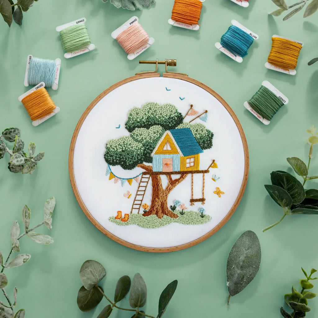 Embroidery Project Kit with Treehouse Scene, Step-by-Step Digital Guide and Complete Stitching Supplies