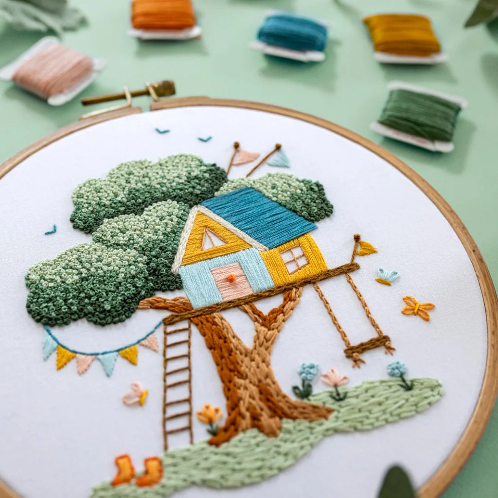 Embroidery Project Kit with Treehouse Scene, Step-by-Step Digital Guide and Complete Stitching Supplies