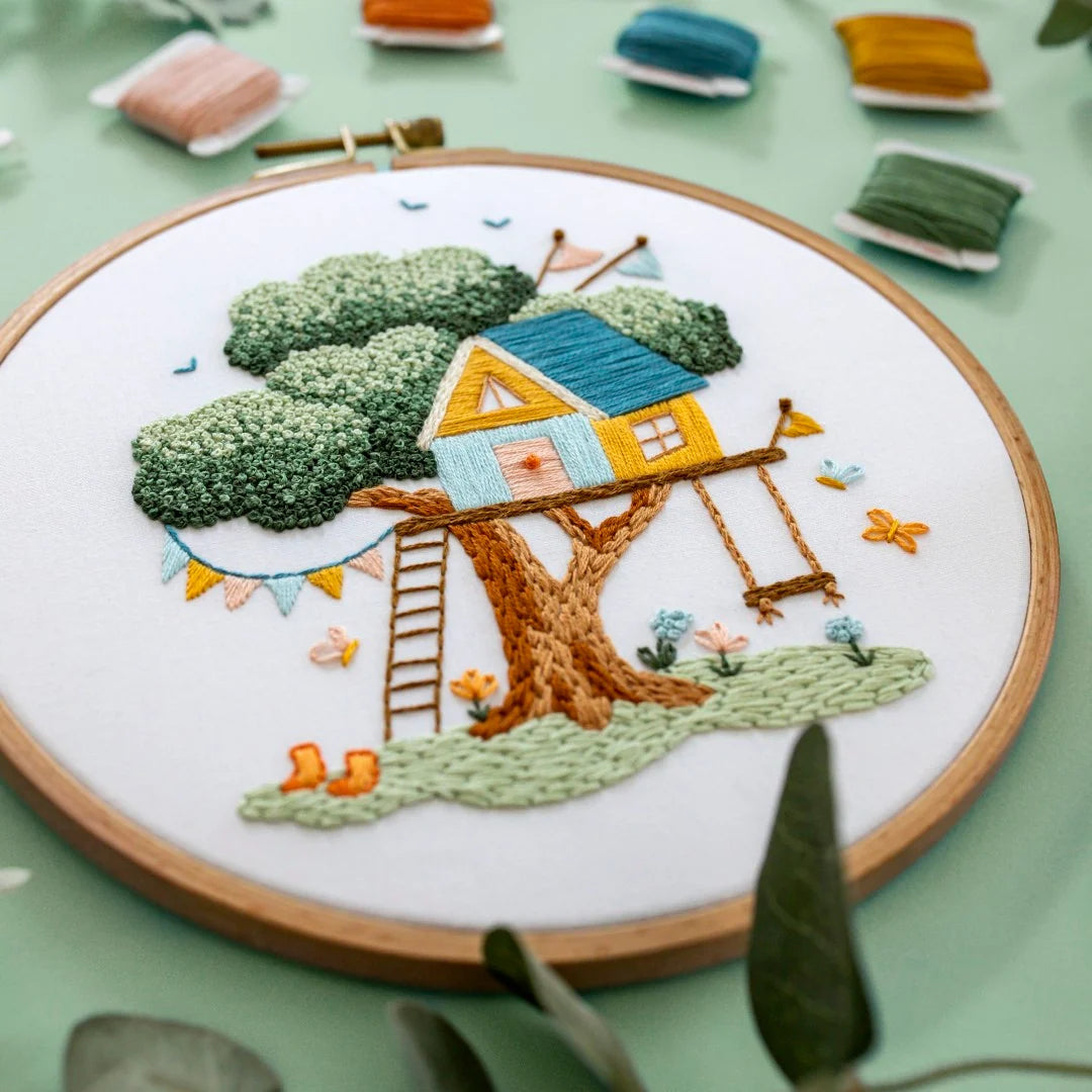 Embroidery Project Kit with Treehouse Scene, Step-by-Step Digital Guide and Complete Stitching Supplies