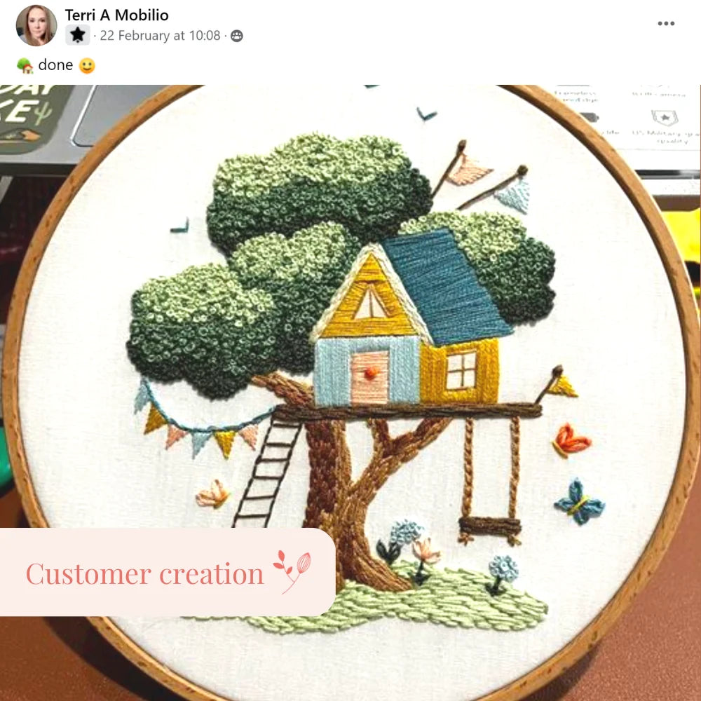 Embroidery Project Kit with Treehouse Scene, Step-by-Step Digital Guide and Complete Stitching Supplies