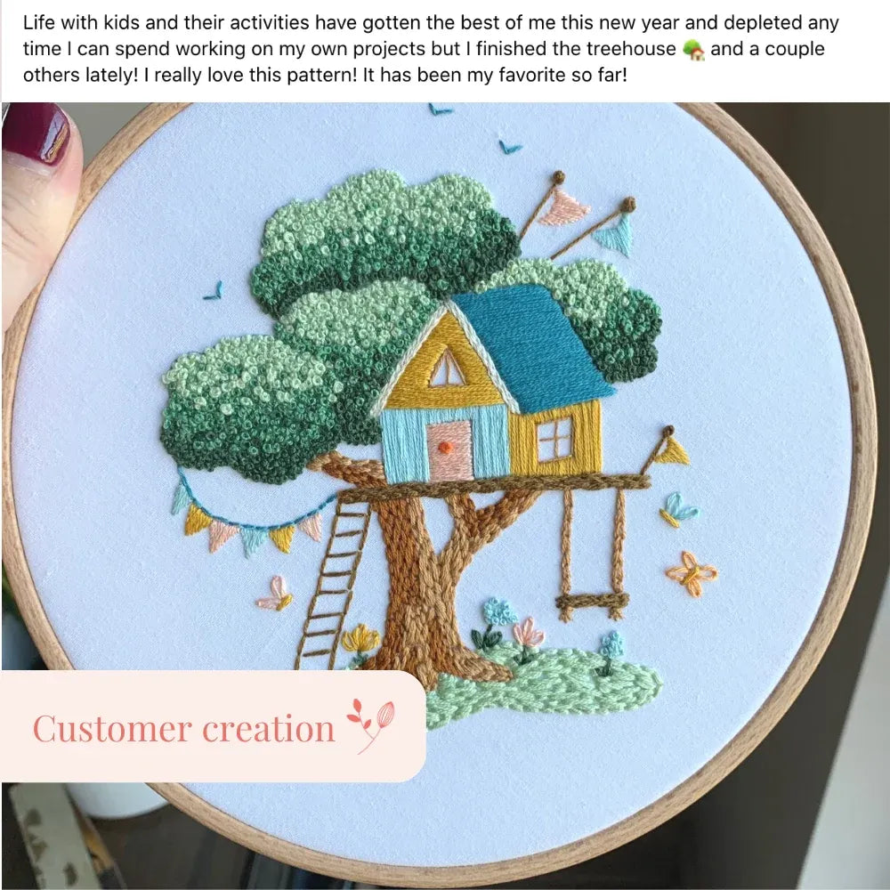Embroidery Project Kit with Treehouse Scene, Step-by-Step Digital Guide and Complete Stitching Supplies