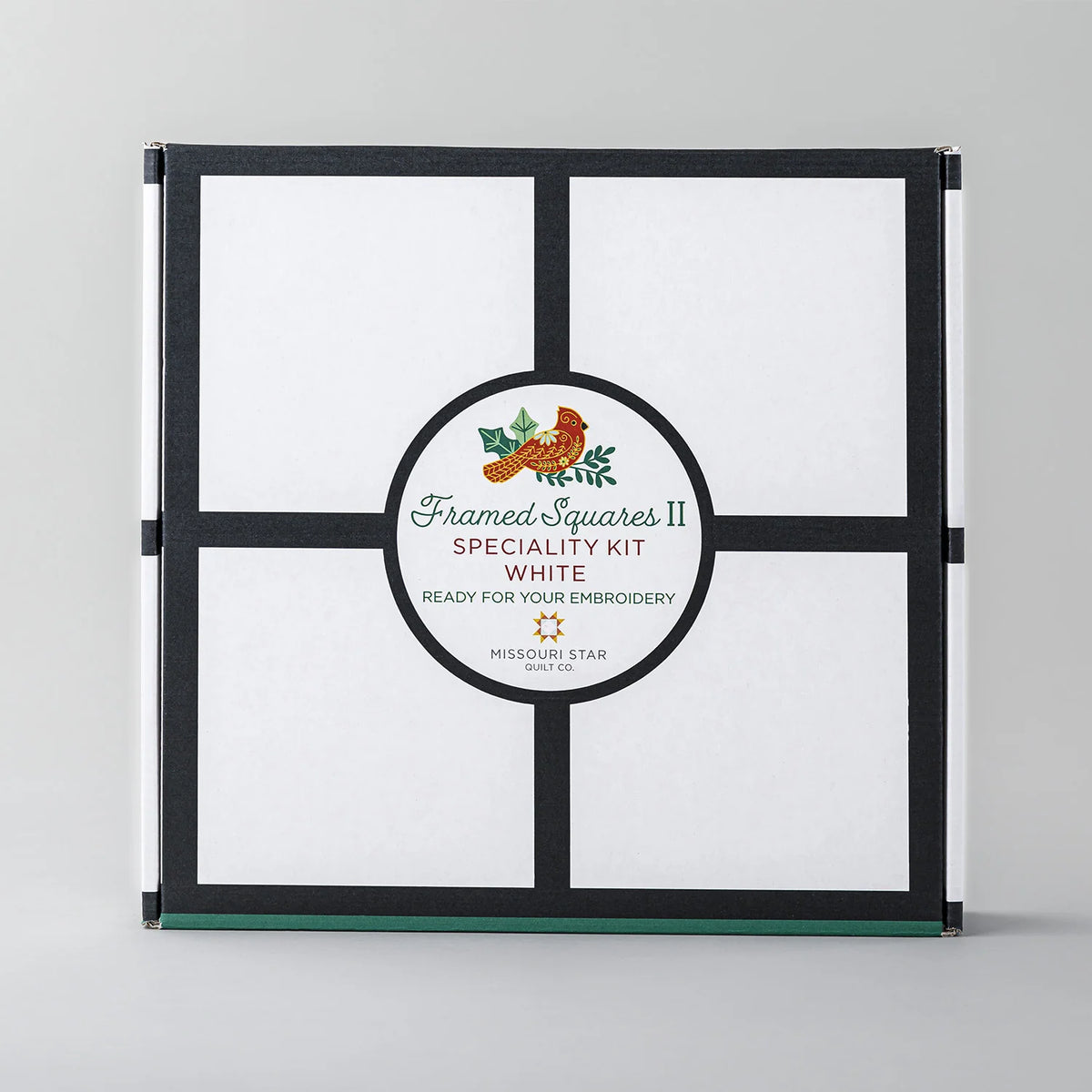 Embroidery Quilt Kit with Framed Squares Pattern, White Stitchery Cloth, Black Velveteen and Kelly Green Linen
