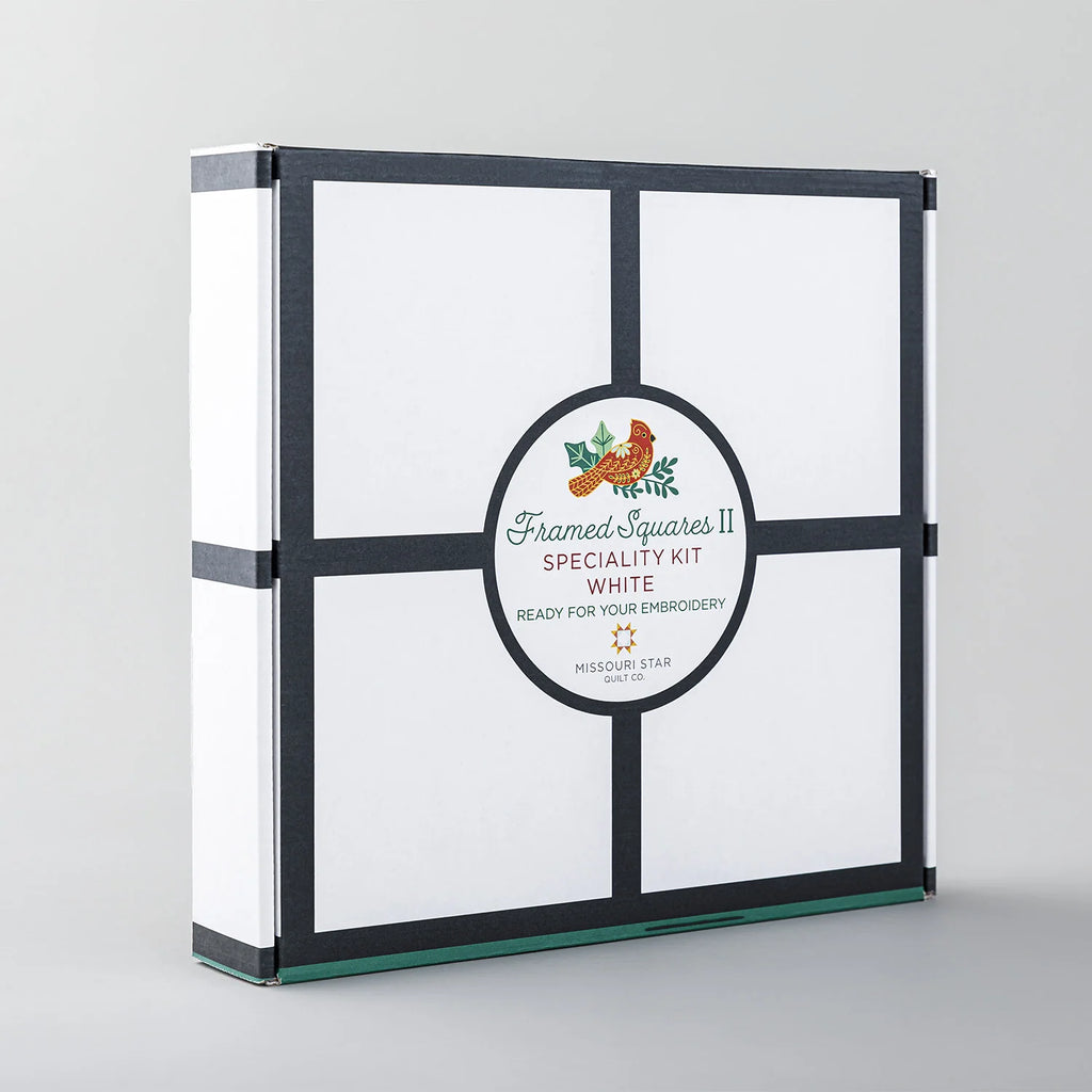 Embroidery Quilt Kit with Framed Squares Pattern, White Stitchery Cloth, Black Velveteen and Kelly Green Linen