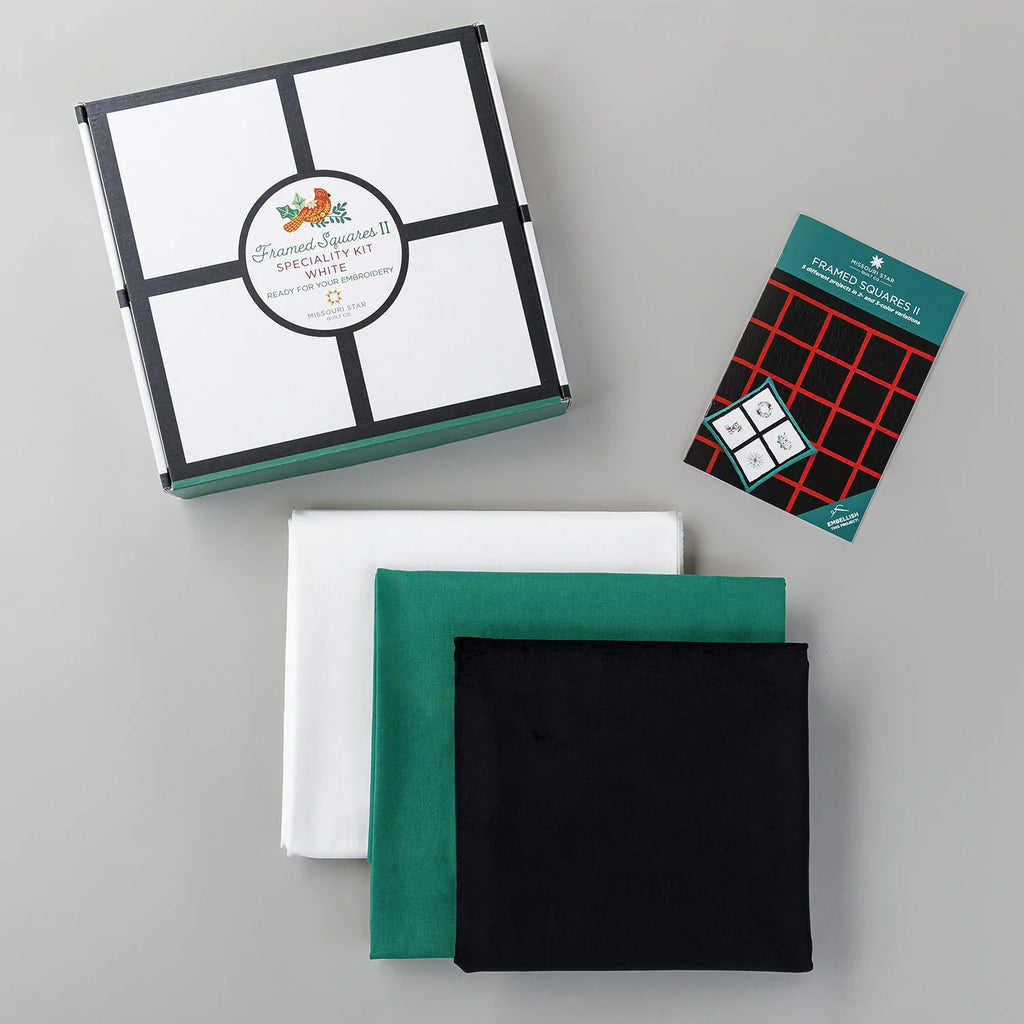 Embroidery Quilt Kit with Framed Squares Pattern, White Stitchery Cloth, Black Velveteen and Kelly Green Linen