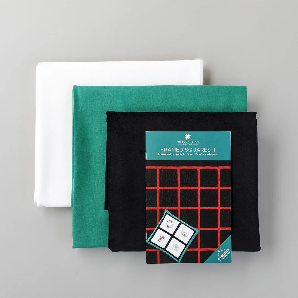 Embroidery Quilt Kit with Framed Squares Pattern, White Stitchery Cloth, Black Velveteen and Kelly Green Linen