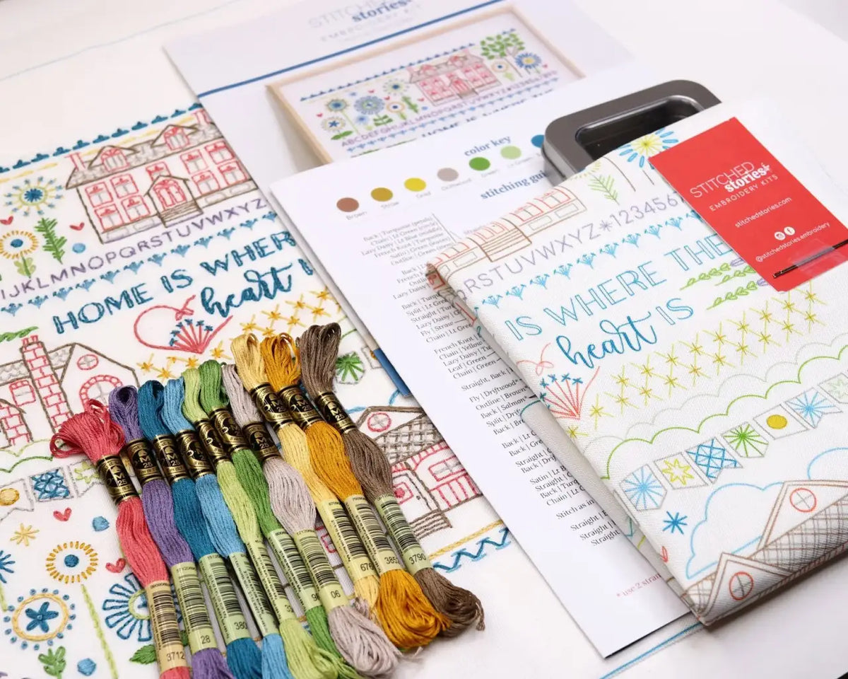 Embroidery Sampler Kit with Pre-Printed 14 x 18 Inch Linen-Cotton Canvas, DMC Floss and Illustrated Guide