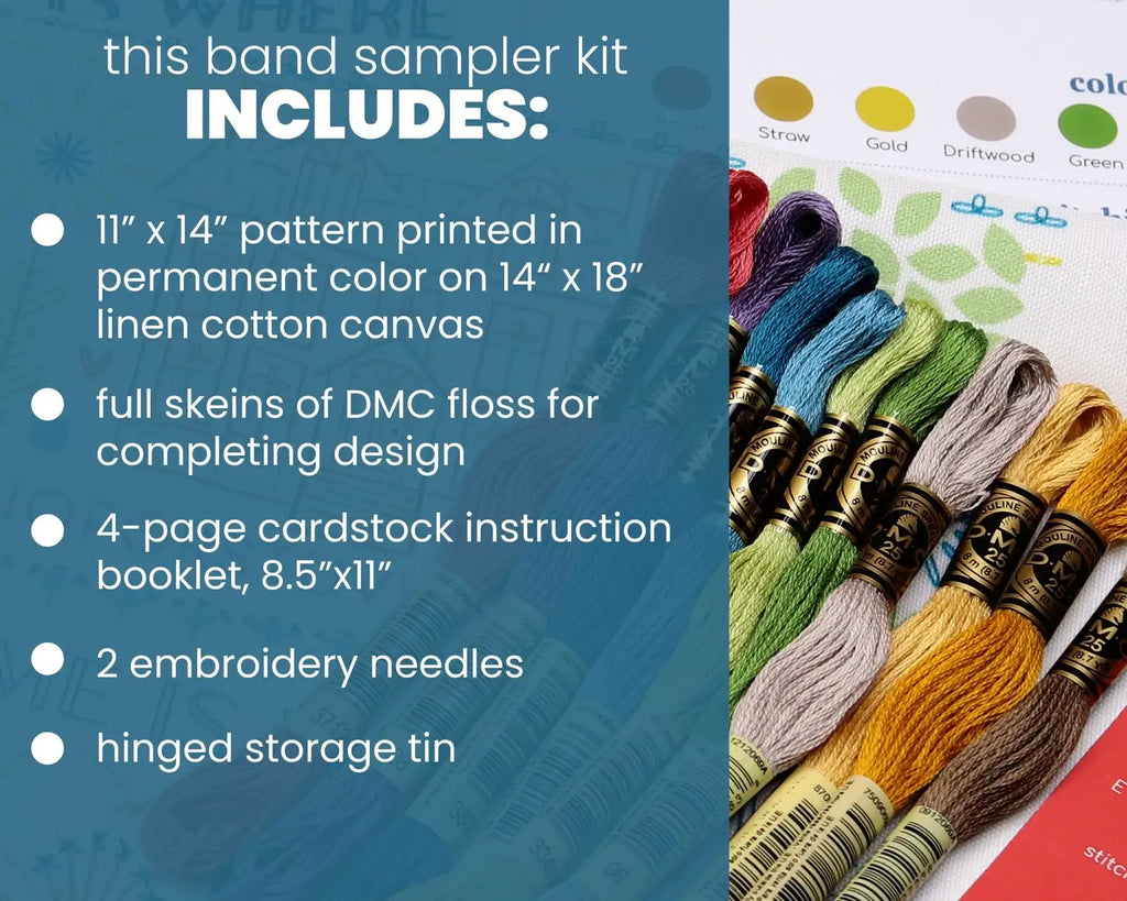 Embroidery Sampler Kit with Pre-Printed 14 x 18 Inch Linen-Cotton Canvas, DMC Floss and Illustrated Guide