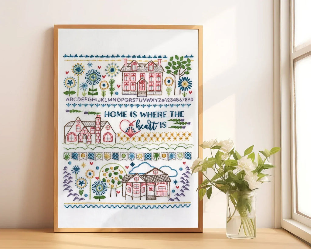Embroidery Sampler Kit with Pre-Printed 14 x 18 Inch Linen-Cotton Canvas, DMC Floss and Illustrated Guide