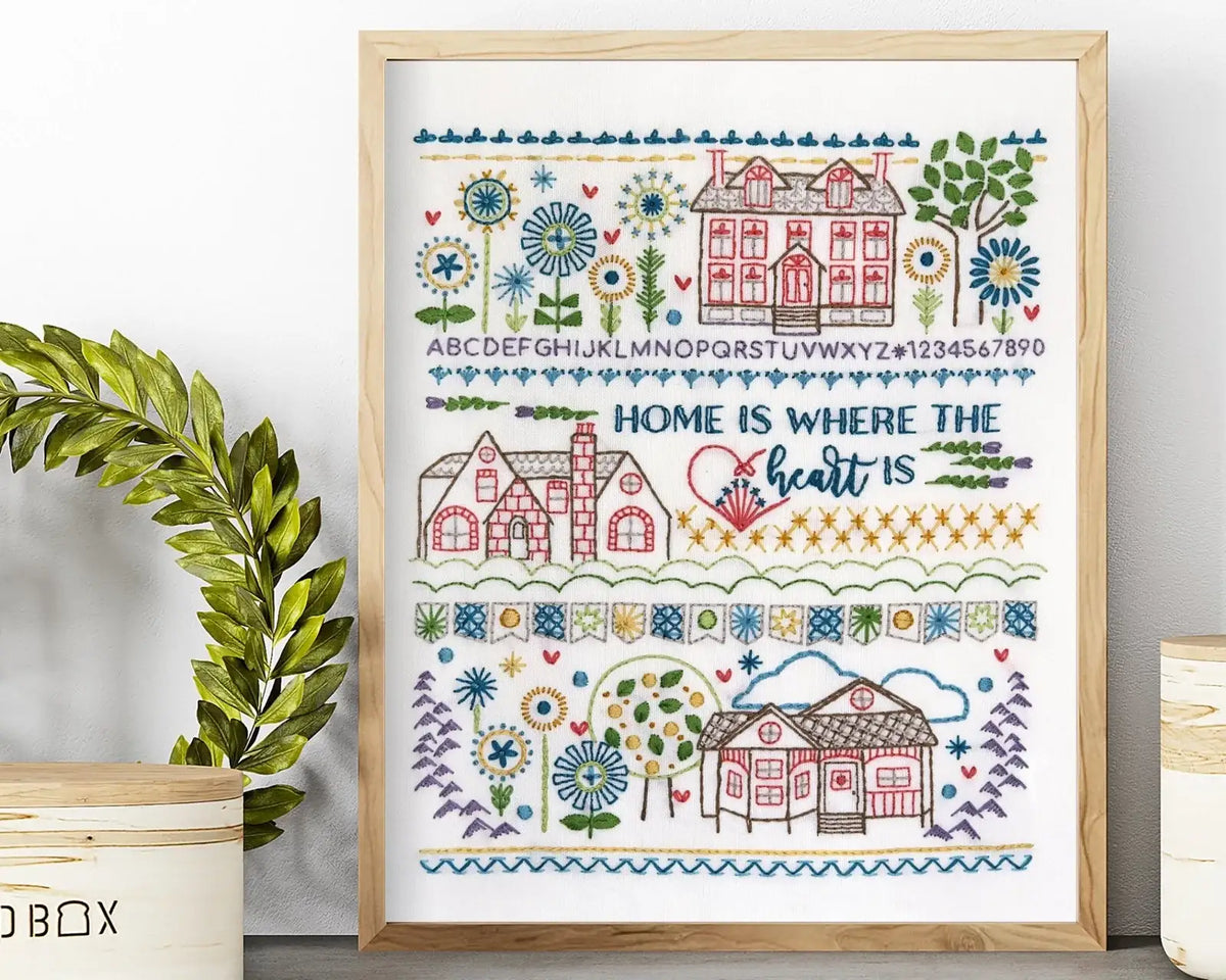 Embroidery Sampler Kit with Pre-Printed 14 x 18 Inch Linen-Cotton Canvas, DMC Floss and Illustrated Guide