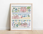 Embroidery Sampler Kit with Pre-Printed 14 x 18 Inch Linen-Cotton Canvas, DMC Floss and Illustrated Guide