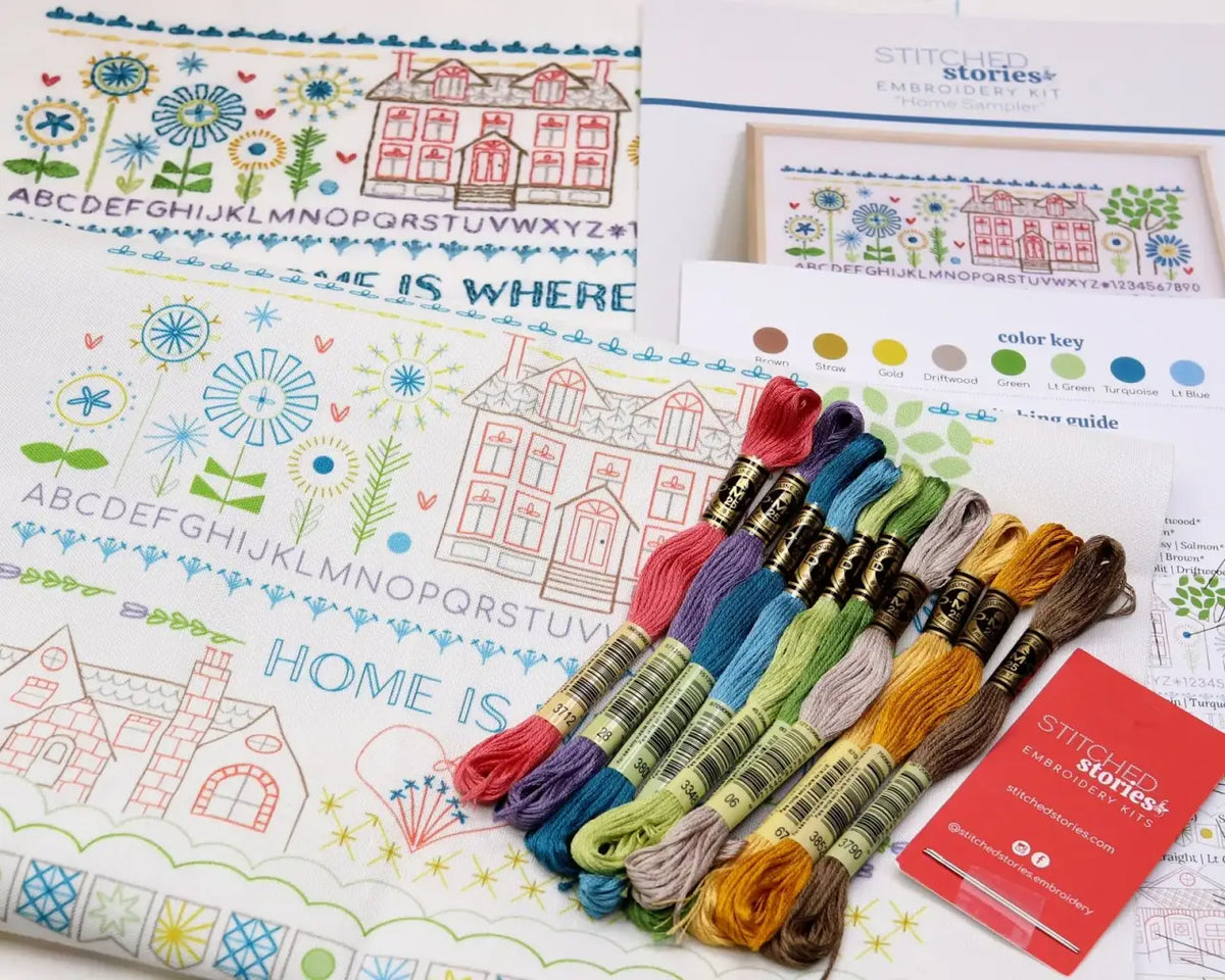 Embroidery Sampler Kit with Pre-Printed 14 x 18 Inch Linen-Cotton Canvas, DMC Floss and Illustrated Guide