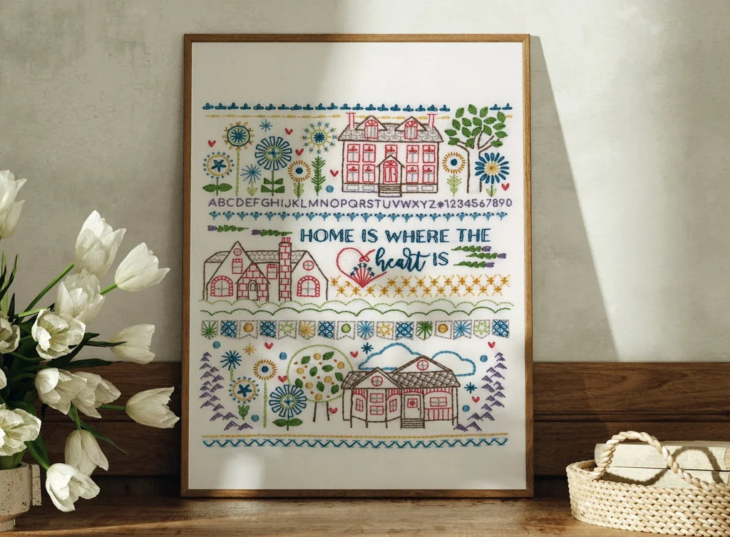 Embroidery Sampler Kit with Pre-Printed 14 x 18 Inch Linen-Cotton Canvas, DMC Floss and Illustrated Guide