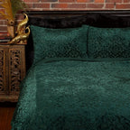 Emerald Damask Velvet Duvet Cover Set with Flocked Pattern, Cotton Backing and Matching Pillowcas — Full/Queen / King/CalKing