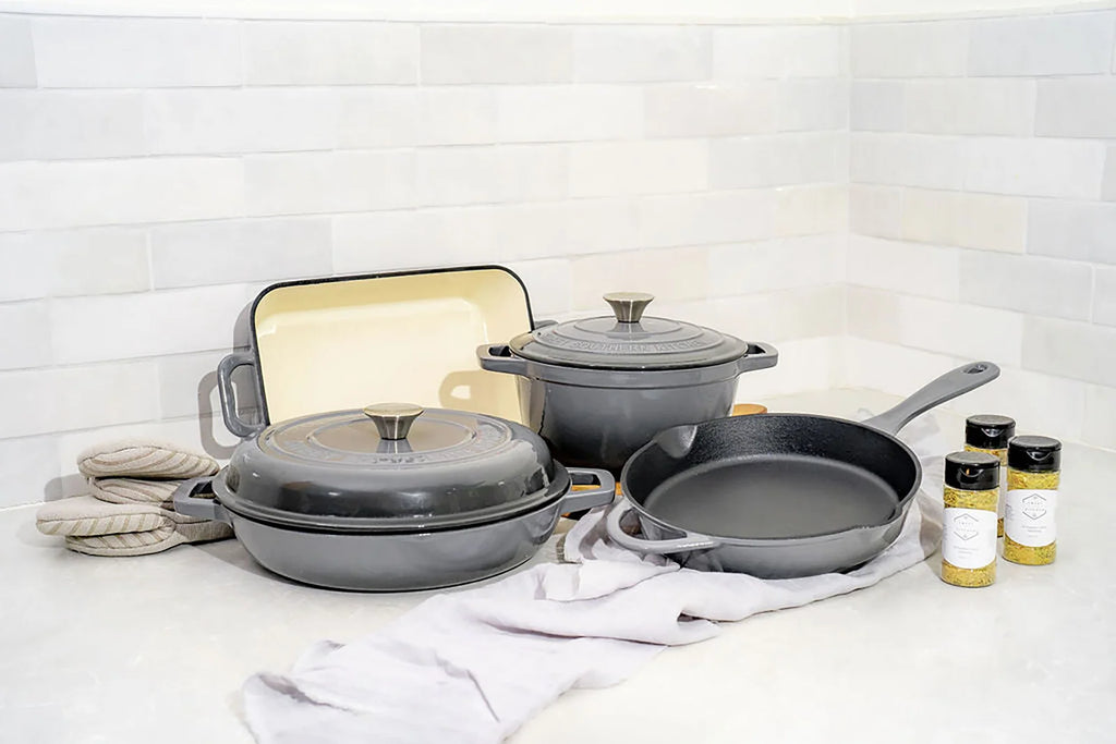 Enameled Cast Iron Cookware Set with Round Casserole, Skillet, Shallow Casserole and Rectangular Roaster