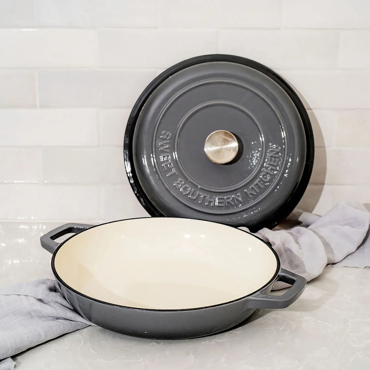 Enameled Cast Iron Cookware Set with Round Casserole, Skillet, Shallow Casserole and Rectangular Roaster