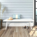 Entryway Bench with Mid-Century Slatted Design, Solid Pine and Birch Wood Frame, Tapered Legs and 275 lb Support — White
