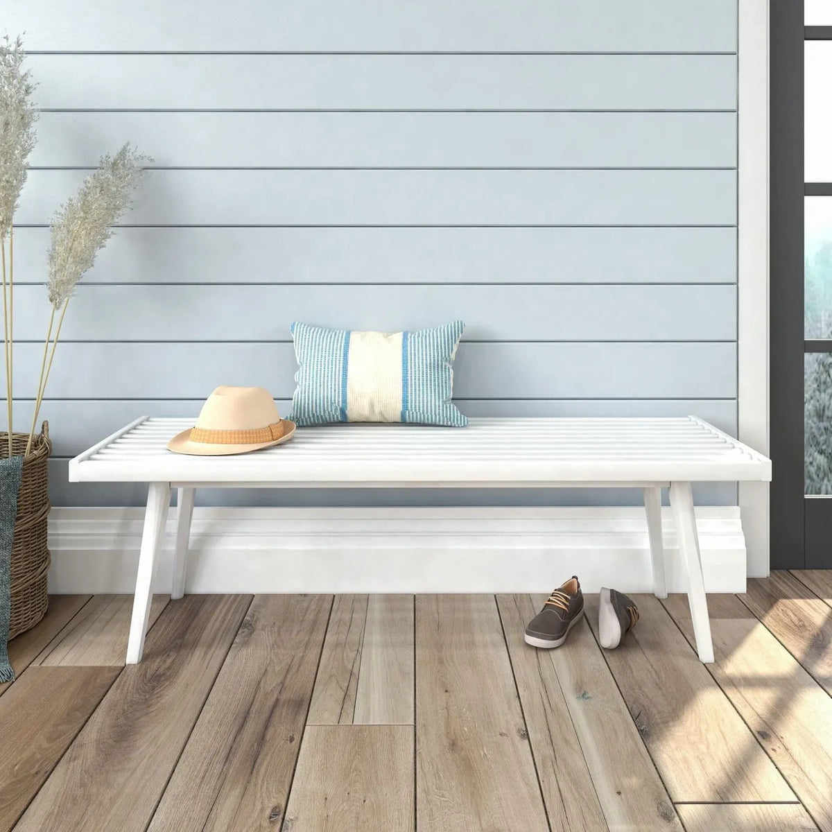Entryway Bench with Mid-Century Slatted Design, Solid Pine and Birch Wood Frame, Tapered Legs and 275 lb Support — White