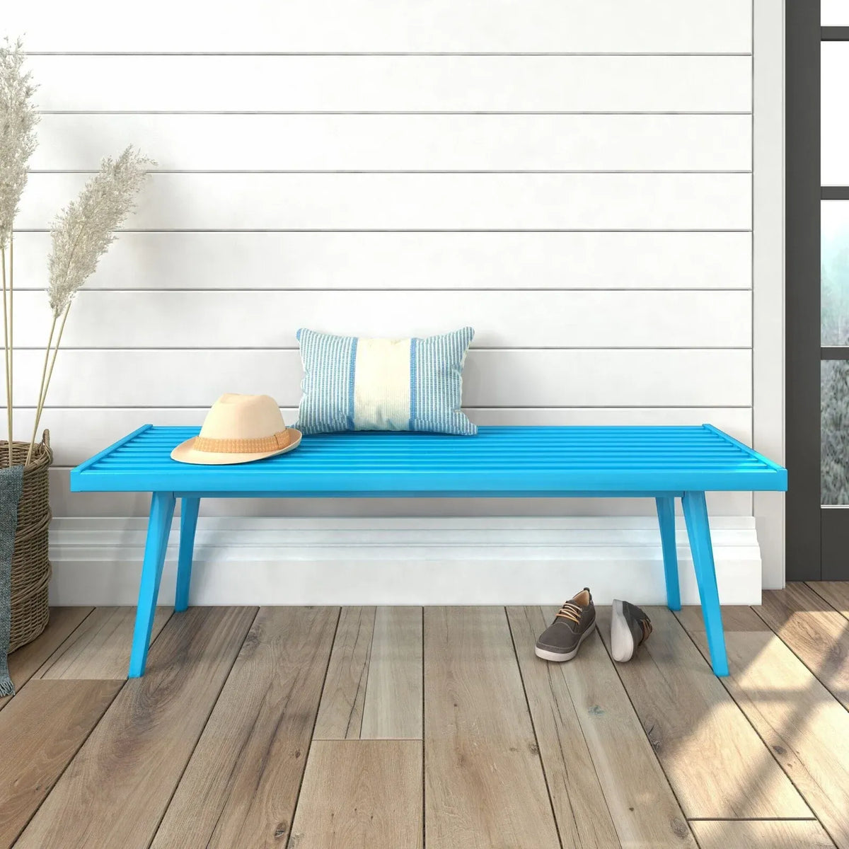 Entryway Bench with Mid-Century Slatted Design, Solid Pine and Birch Wood Frame, Tapered Legs and 275 lb Support — Teal
