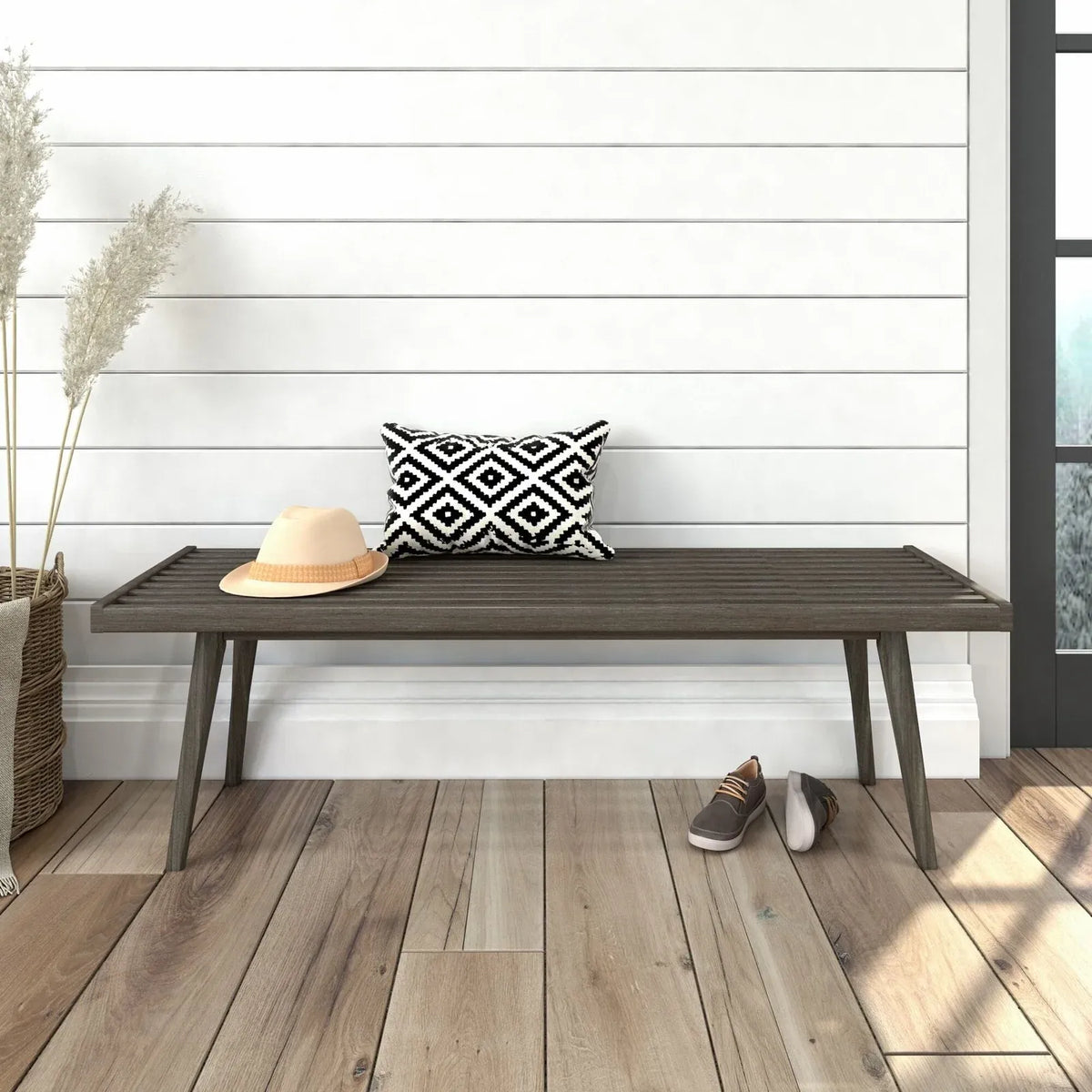 Entryway Bench with Mid-Century Slatted Design, Solid Pine and Birch Wood Frame, Tapered Legs and 275 lb Support — Clay