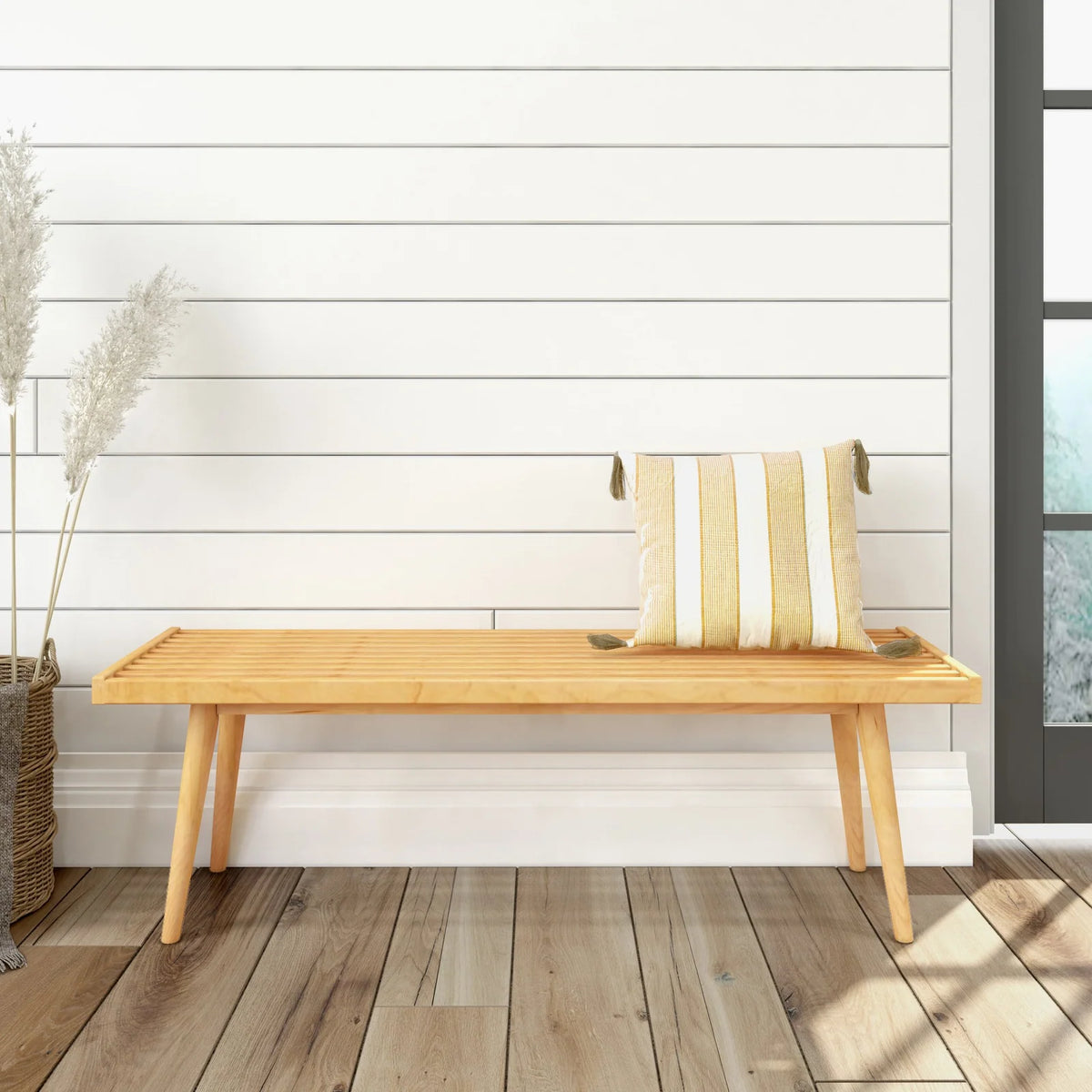Entryway Bench with Mid-Century Slatted Design, Solid Pine and Birch Wood Frame, Tapered Legs and 275 lb Support — Natural