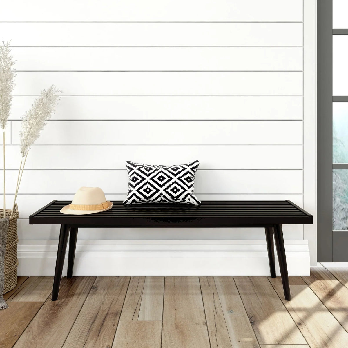 Entryway Bench with Mid-Century Slatted Design, Solid Pine and Birch Wood Frame, Tapered Legs and 275 lb Support — Black