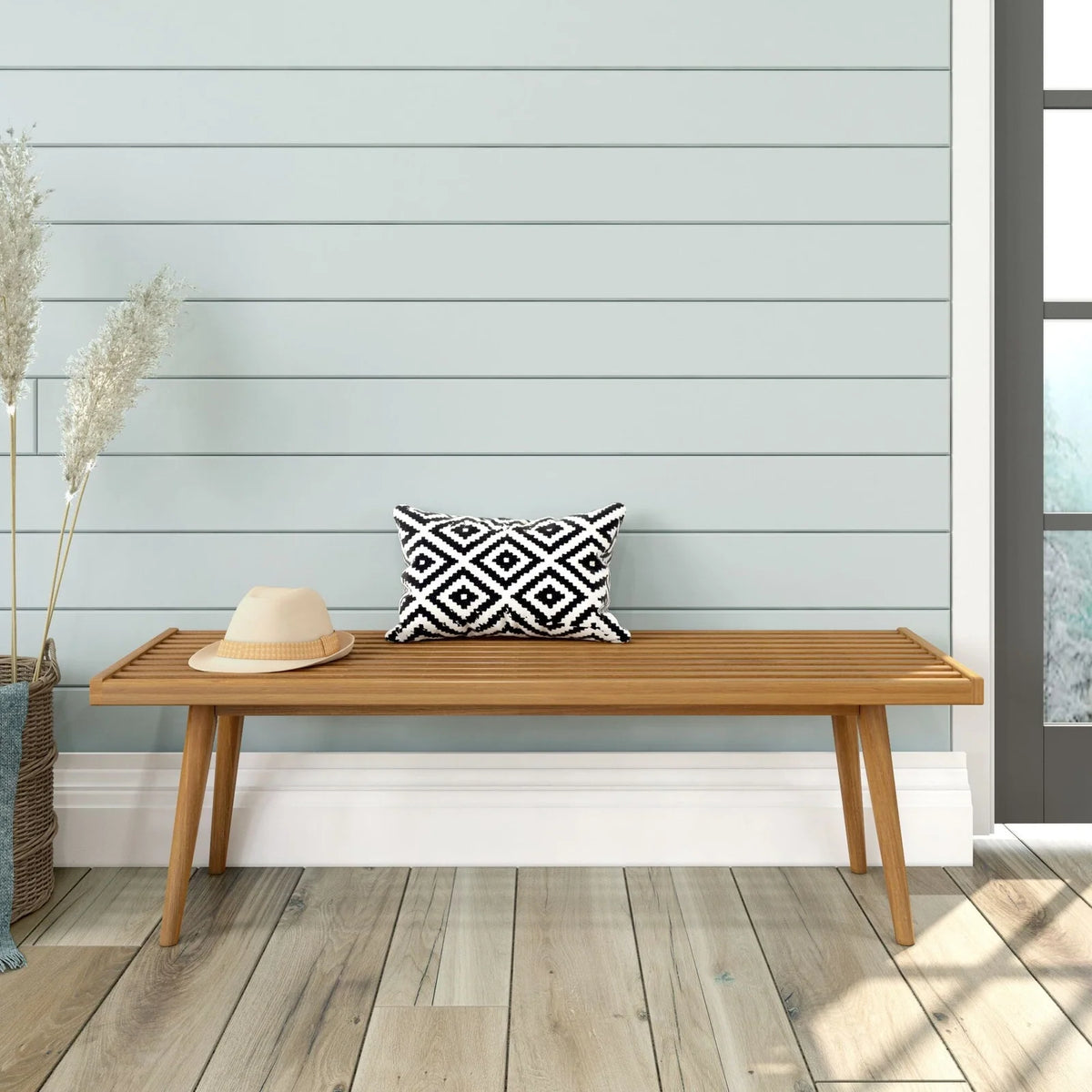 Entryway Bench with Mid-Century Slatted Design, Solid Pine and Birch Wood Frame, Tapered Legs and 275 lb Support — Pecan