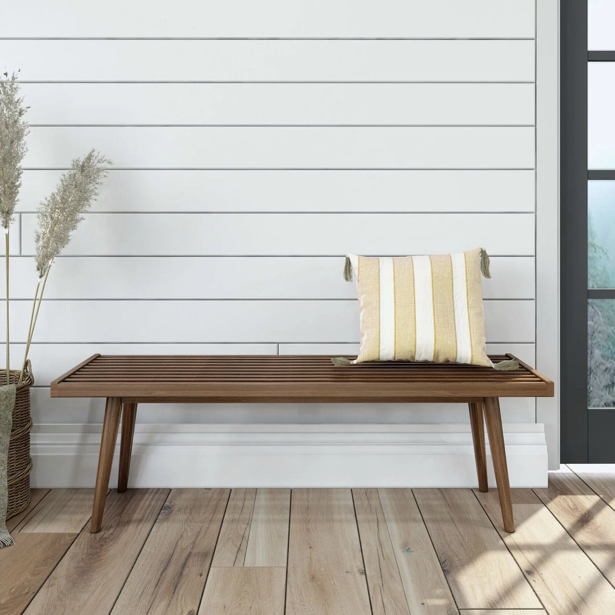 Entryway Bench with Mid-Century Slatted Design, Solid Pine and Birch Wood Frame, Tapered Legs and 275 lb Support — Walnut