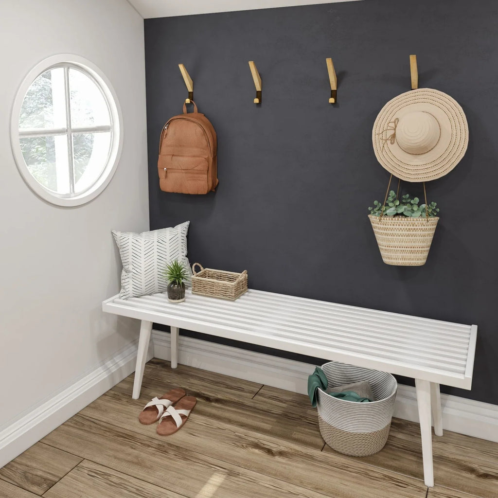 Entryway Bench with Mid-Century Slatted Design, Solid Pine and Birch Wood Frame, Tapered Legs and 275 lb Support