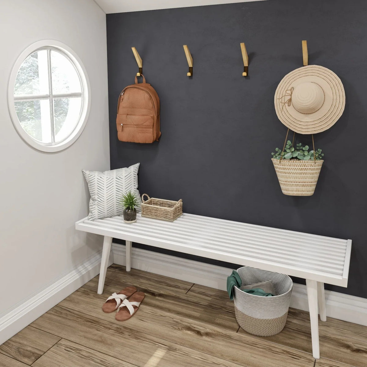 Entryway Bench with Mid-Century Slatted Design, Solid Pine and Birch Wood Frame, Tapered Legs and 275 lb Support