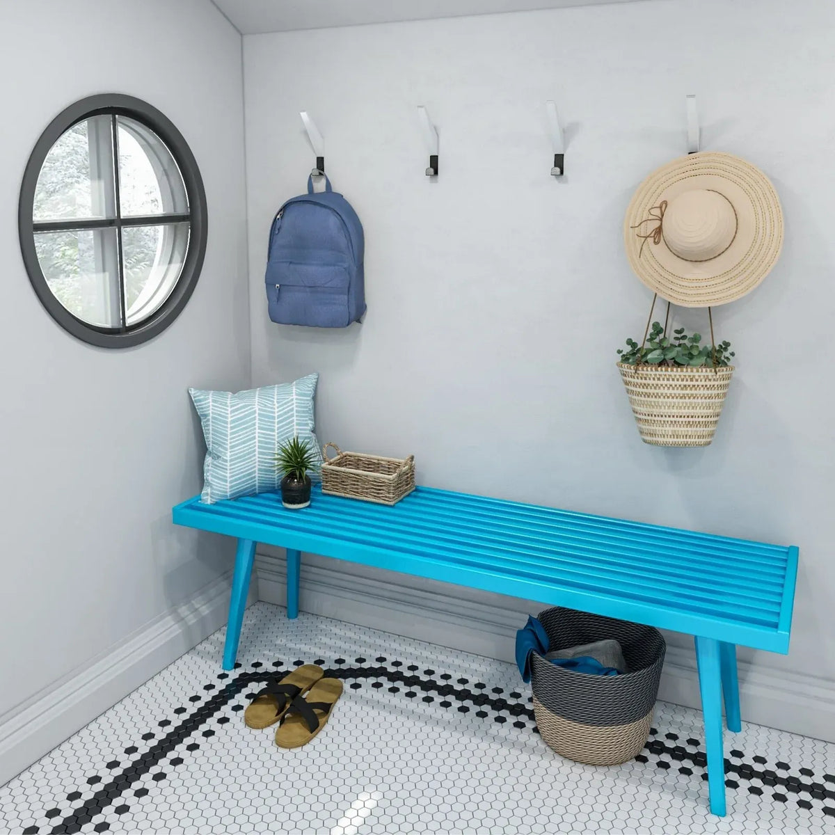 Entryway Bench with Mid-Century Slatted Design, Solid Pine and Birch Wood Frame, Tapered Legs and 275 lb Support