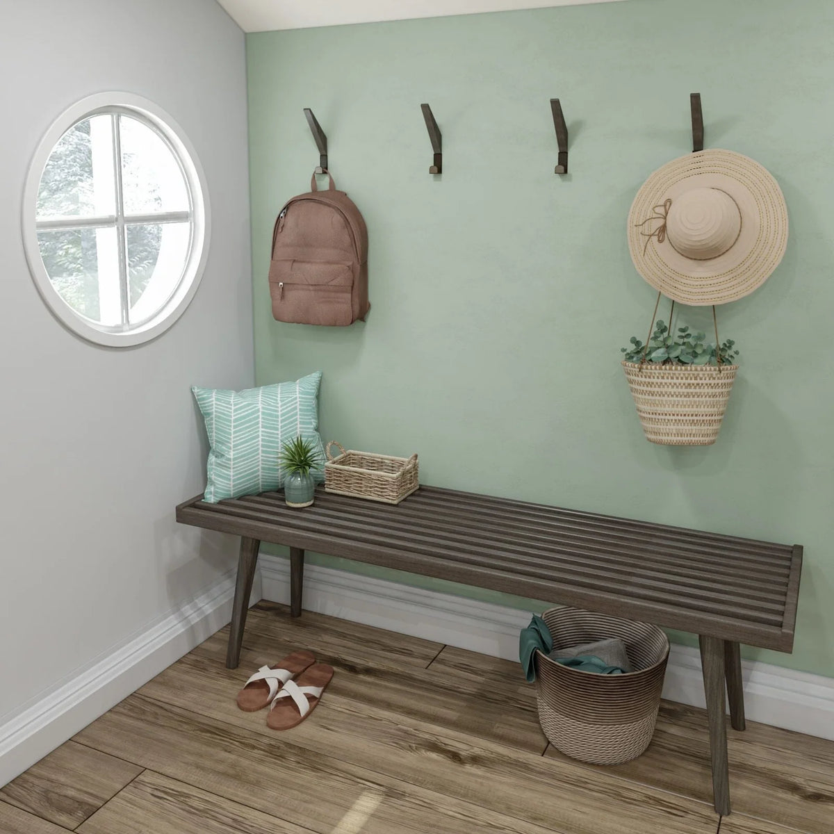 Entryway Bench with Mid-Century Slatted Design, Solid Pine and Birch Wood Frame, Tapered Legs and 275 lb Support