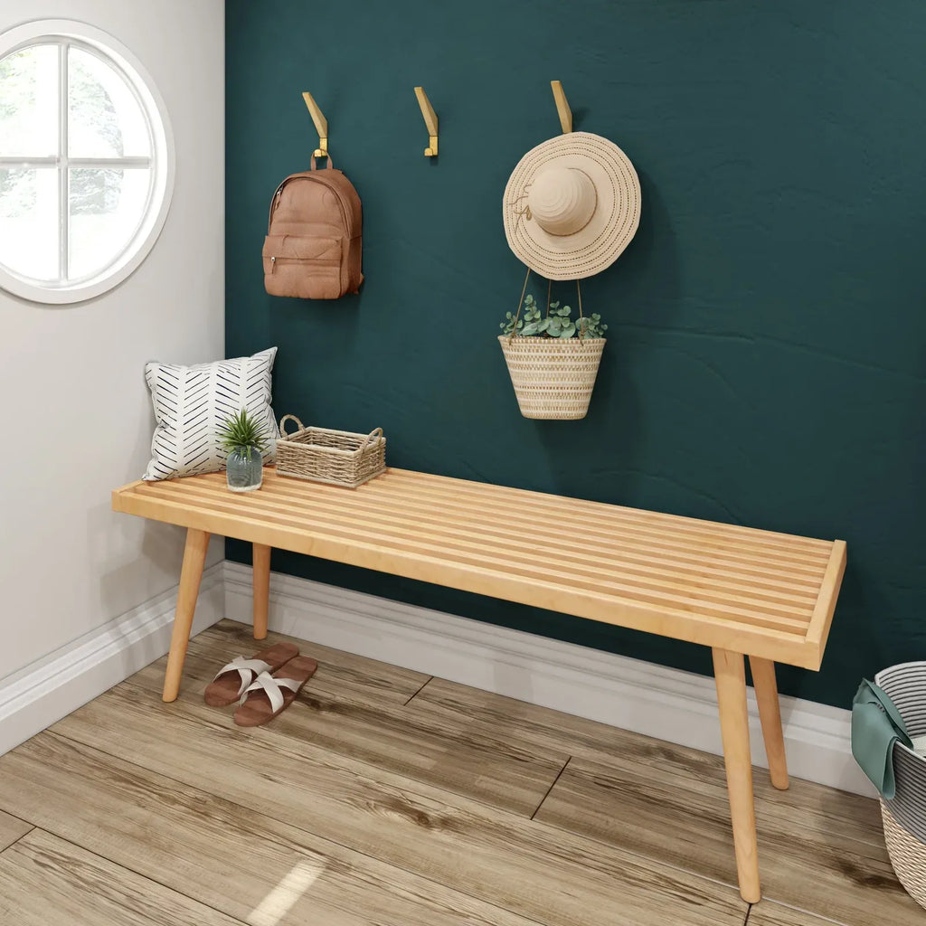 Entryway Bench with Mid-Century Slatted Design, Solid Pine and Birch Wood Frame, Tapered Legs and 275 lb Support