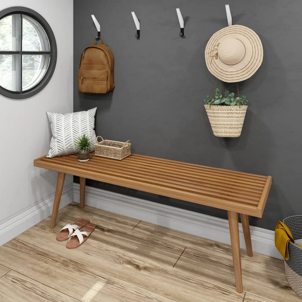 Entryway Bench with Mid-Century Slatted Design, Solid Pine and Birch Wood Frame, Tapered Legs and 275 lb Support