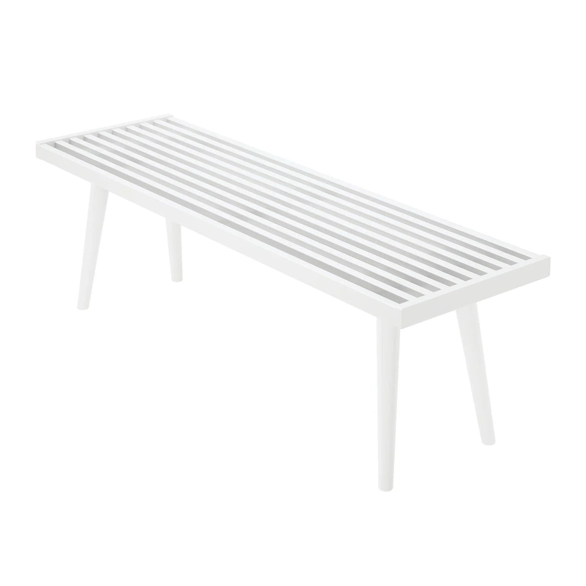 Entryway Bench with Mid-Century Slatted Design, Solid Pine and Birch Wood Frame, Tapered Legs and 275 lb Support