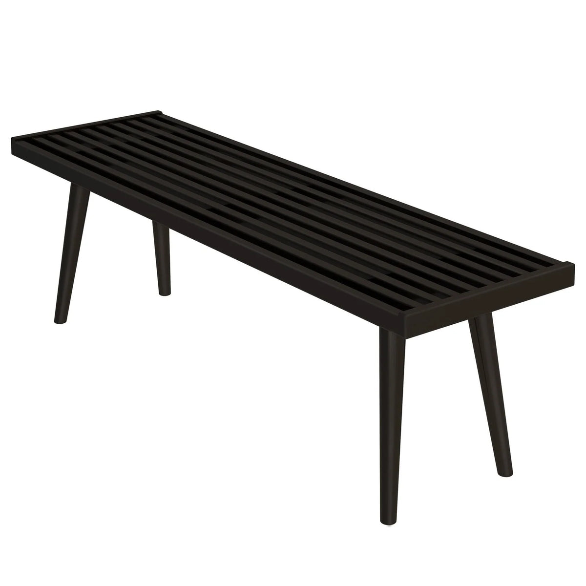 Entryway Bench with Mid-Century Slatted Design, Solid Pine and Birch Wood Frame, Tapered Legs and 275 lb Support