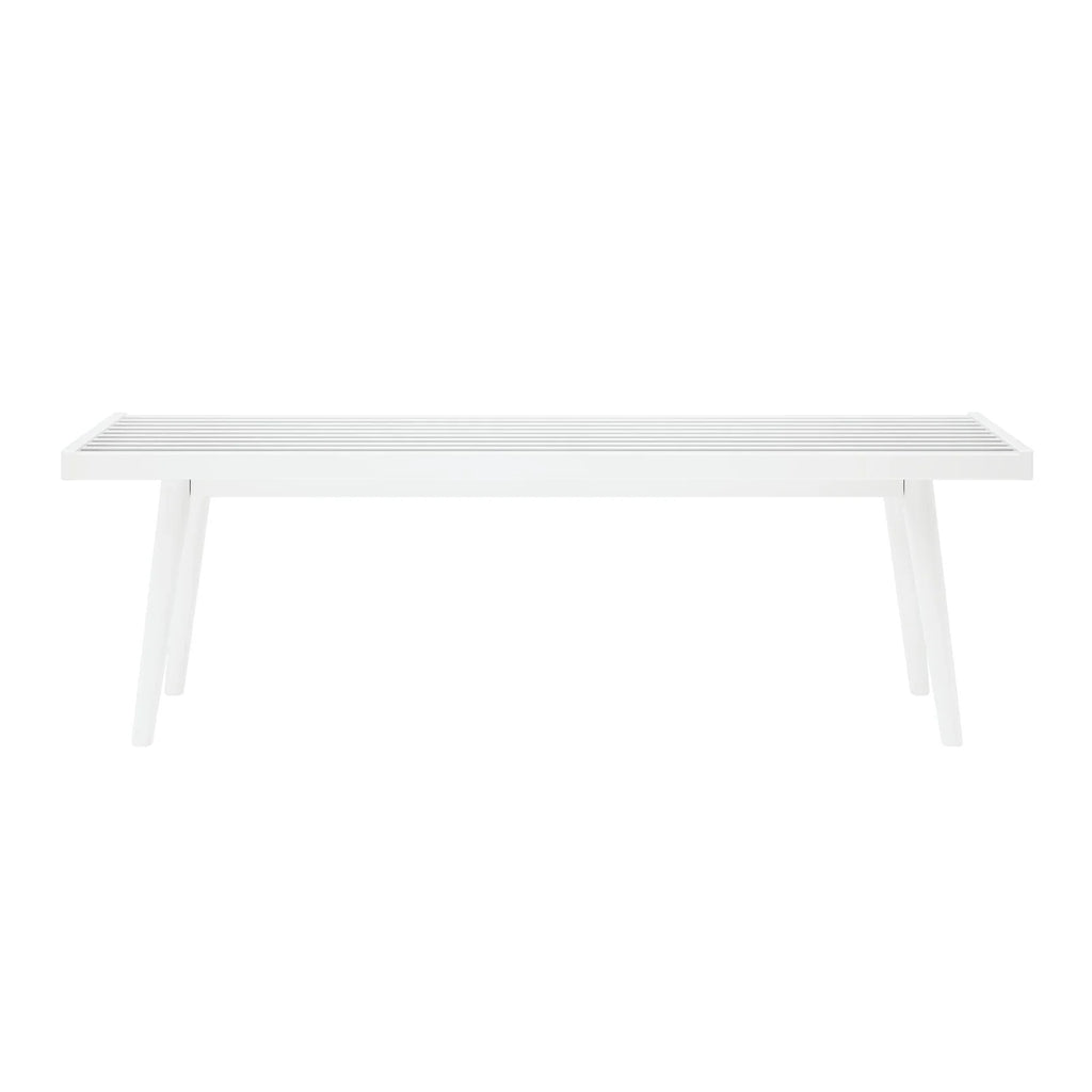 Entryway Bench with Mid-Century Slatted Design, Solid Pine and Birch Wood Frame, Tapered Legs and 275 lb Support
